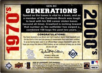 2008 SP Legendary Cuts - Generations Dual Memorabilia #GEN-BC Lou Brock / Carl Crawford Back