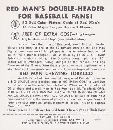 1989 Card Collectors Company 1952 Red Man Tobacco Reprint #AL8 Bob Feller Back
