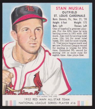 1989 Card Collectors Company 1952 Red Man Tobacco Reprint #NL16 Stan Musial Front