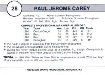 1988 Legoe Bellingham Mariners #28 P.J. Carey Back