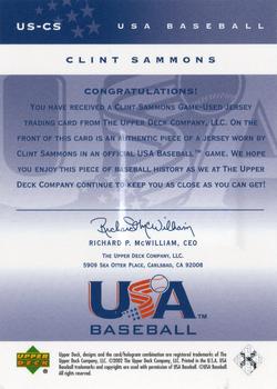 2002 Upper Deck USA Baseball National Team - USA Baseball Jerseys #US-CS Clint Sammons Back