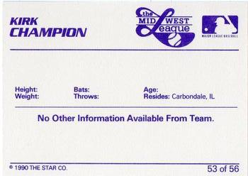 1989 Star Midwest League All-Stars #53 Kirk Champion Back