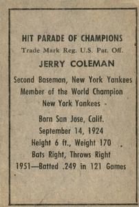 1952 Berk Ross #NNO Jerry Coleman Back