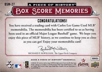 2008 Upper Deck A Piece of History - Box Score Memories Jersey Red #BSM-27 Carlos Lee Back