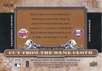 2008 Upper Deck A Piece of History - Cut From the Same Cloth #CSC-HL Francisco Liriano / Cole Hamels Back