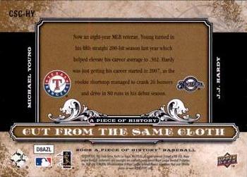 2008 Upper Deck A Piece of History - Cut From the Same Cloth #CSC-HY Michael Young / J.J. Hardy Back