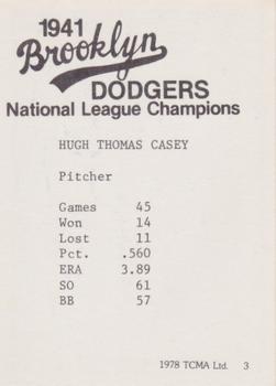 1978 TCMA 1941 Brooklyn Dodgers - Blue Border #3 Hugh Casey Back