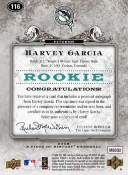 2008 Upper Deck A Piece of History - Rookie Autographs #116 Harvey Garcia Back