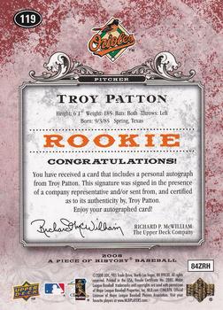 2008 Upper Deck A Piece of History - Rookie Autographs Red #119 Troy Patton Back