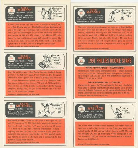 1991 Baseball Cards Magazine '66 Topps Replicas - Panels #25-30 Greg Maddux / Phillies Rookies (Mickey Morandini / Wes Chamberlain) / Tim Wallach / Dale Murphy / Doug Drabek / Kevin Mitchell Back