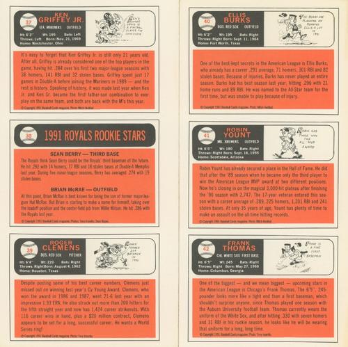 1991 Baseball Cards Magazine '66 Topps Replicas - Panels #37-42 Ken Griffey Jr. / Royals Rookies (Sean Berry / Brian McRae) / Roger Clemens / Ellis Burks / Robin Yount / Frank Thomas Back