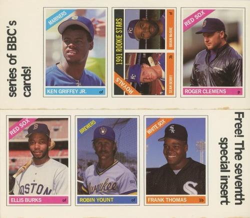 1991 Baseball Cards Magazine '66 Topps Replicas - Panels #37-42 Ken Griffey Jr. / Royals Rookies (Sean Berry / Brian McRae) / Roger Clemens / Ellis Burks / Robin Yount / Frank Thomas Front