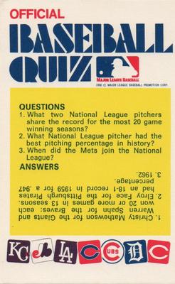 1972 Fleer Official Major League Patches - Official Baseball Quiz Cards #NNO Royals-Reds, 3 questions Front