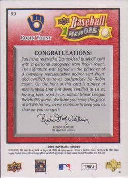 2008 Upper Deck Baseball Heroes - Autographed Memorabilia Red #99 Robin Yount Back