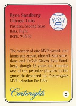 1992 Cartwrights Players Choice MVP - Blue Foil #2 Ryne Sandberg Back