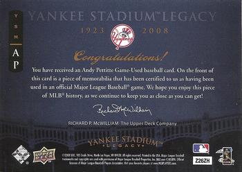 2008 Upper Deck Yankee Stadium Legacy - Memorabilia #AP Andy Pettitte Back