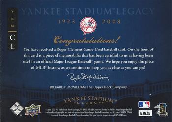2008 Upper Deck Yankee Stadium Legacy - Memorabilia #CL Roger Clemens Back