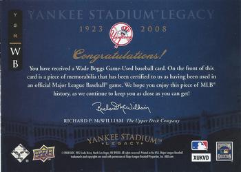 2008 Upper Deck Yankee Stadium Legacy - Memorabilia #WB Wade Boggs Back