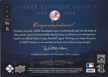 2008 Upper Deck Yankee Stadium Legacy - Memorabilia #WR Willie Randolph Back