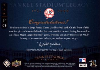 2008 Upper Deck Yankee Stadium Legacy - Memorabilia #PO Jorge Posada Back