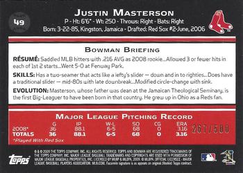 2009 Bowman - Blue #49 Justin Masterson Back