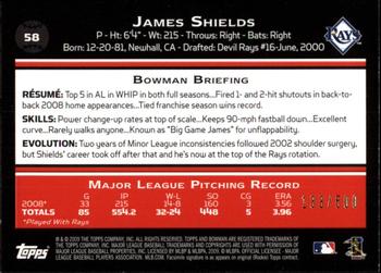 2009 Bowman - Blue #58 James Shields Back