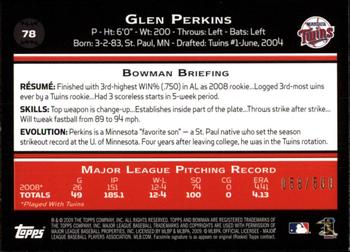 2009 Bowman - Blue #78 Glen Perkins Back