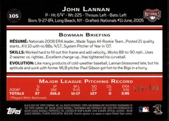 2009 Bowman - Blue #105 John Lannan Back