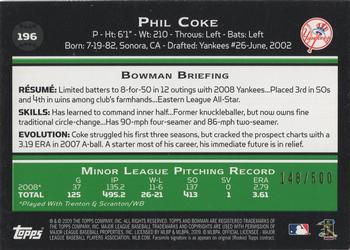 2009 Bowman - Blue #196 Phil Coke Back
