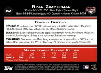 2009 Bowman - Gold #152 Ryan Zimmerman Back