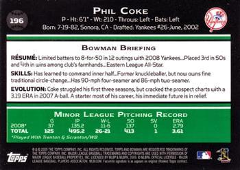 2009 Bowman - Gold #196 Phil Coke Back