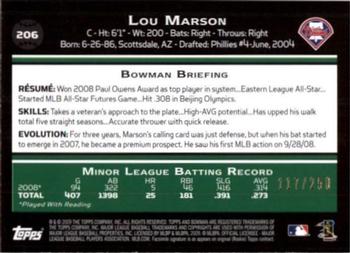 2009 Bowman - Orange #206 Lou Marson Back