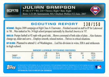 2009 Bowman Chrome - Prospects Blue Refractors #BCP178 Julian Sampson Back