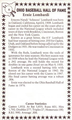 1982-91 Ohio Baseball Hall of Fame #8 Ernie Lombardi Back