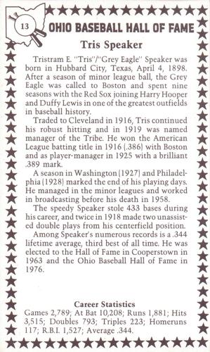 1982-91 Ohio Baseball Hall of Fame #13 Tris Speaker Back