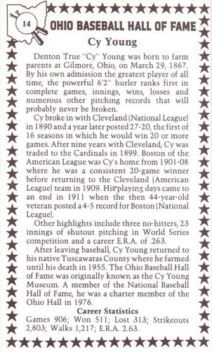1982-91 Ohio Baseball Hall of Fame #14 Cy Young Back