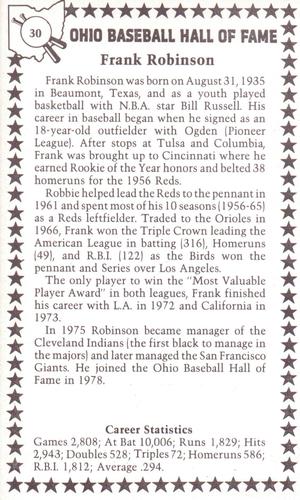 1982-91 Ohio Baseball Hall of Fame #30 Frank Robinson Back