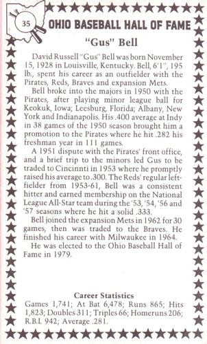 1982-91 Ohio Baseball Hall of Fame #35 Gus Bell Back