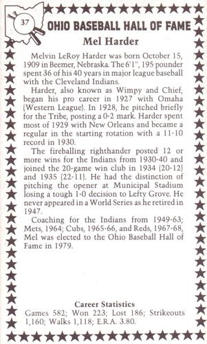 1982-91 Ohio Baseball Hall of Fame #37 Mel Harder Back
