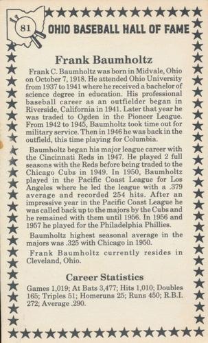1982-91 Ohio Baseball Hall of Fame #81 Frank Baumholtz Back