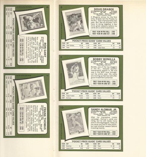 1991 SCD Baseball Card Price Guide Monthly - Panels #6-10 Ron Gant / Frank Thomas / Doug Drabek / Bobby Bonilla / Sandy Alomar Jr. Back