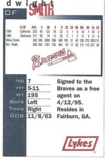 1995 Lykes Atlanta Braves Perforated #NNO Dwight Smith Back