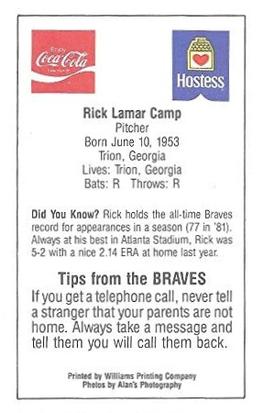 1985 Atlanta Braves Police #NNO Rick Camp Back