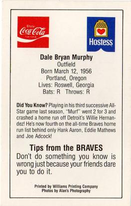 1985 Atlanta Braves Police #NNO Dale Murphy Back