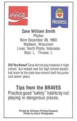 1985 Atlanta Braves Police #NNO Zane Smith Back