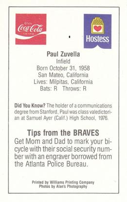 1985 Atlanta Braves Police #NNO Paul Zuvella Back