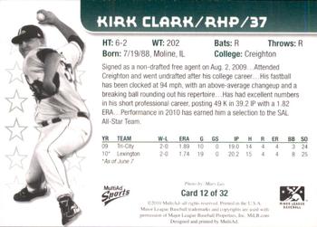 2010 MultiAd Lexington Legends #12 Kirk Clark Back