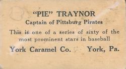 1927 York Caramel (E210) (Type 1) #14 Pie Traynor Back