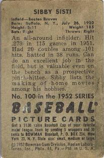 1952 Bowman #100 Sibby Sisti Back