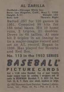 1952 Bowman #113 Al Zarilla Back